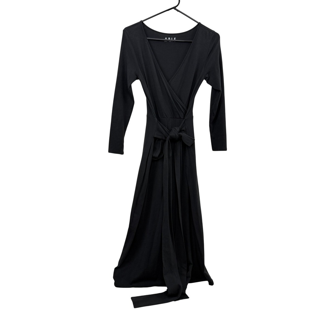 ABLE Dress Womens 6 Black Faux Wrap Maxi Long Sleeve Pima Cotton V Neck Tie